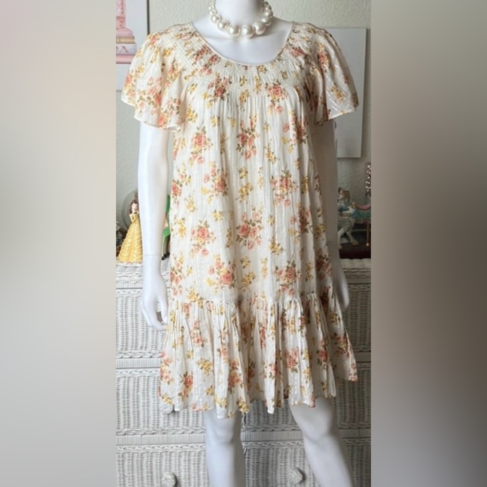 Rebecca Taylor Mini Dress Cotton Ruffled Floral Pink on Cream Relax Fit size S